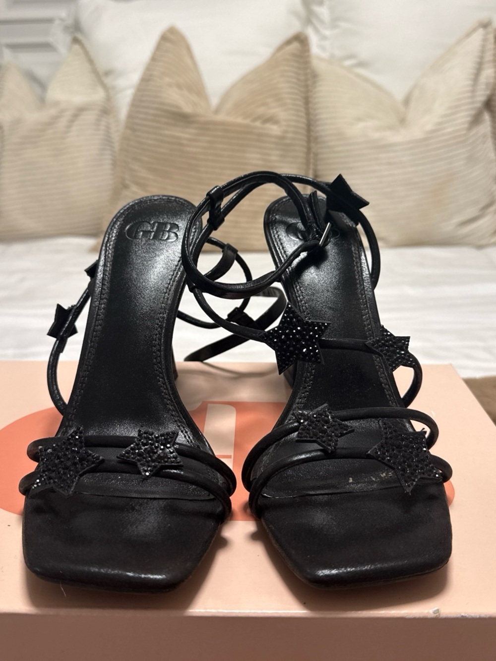 Gianni Bini Black Star-Strap Lace-Up Heels